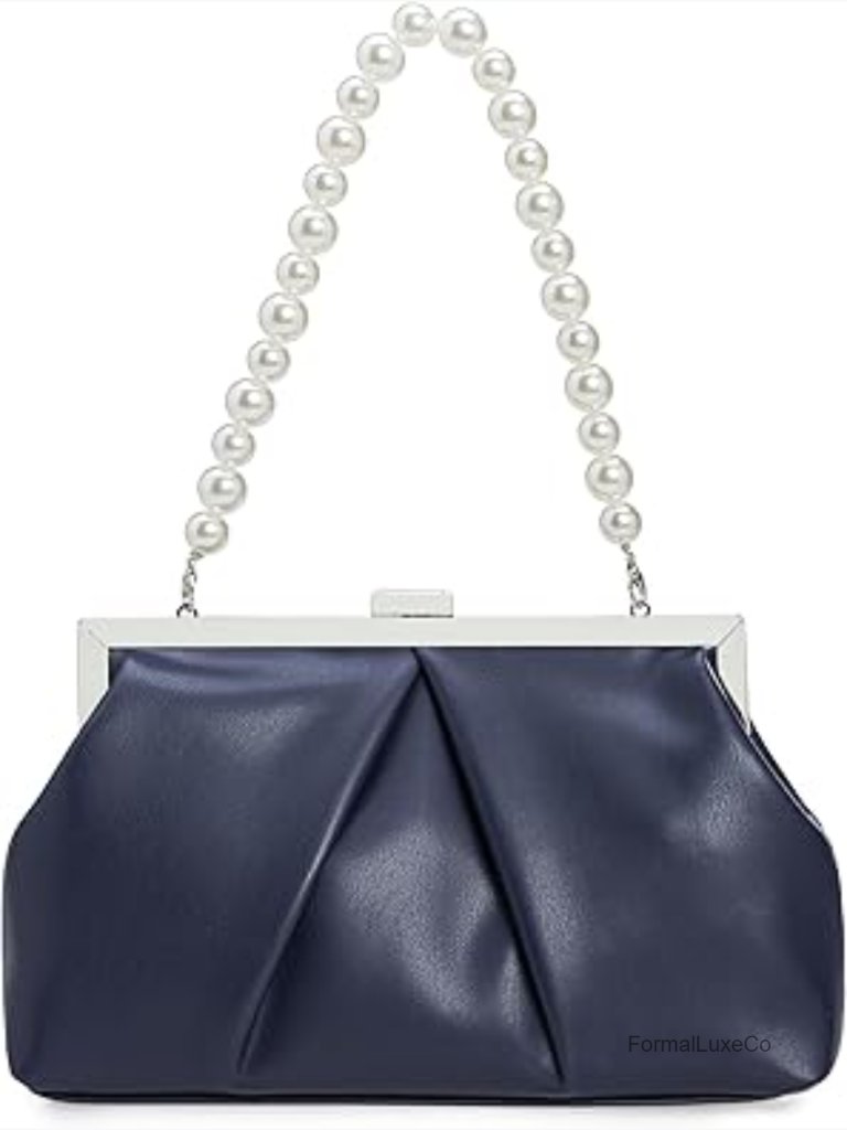 Faux Leather Ruched Clutch Evening Bag With Pearl Chain